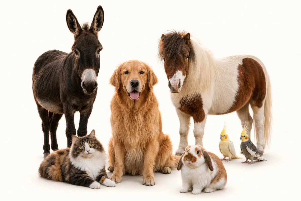 The animals of Nana's Place: Milton the donkey, Handsome the golden retriever, Martha the miniature horse, Nanny the cat, Franklin the rabbit, and Sebastian and Baxter the cockatiels.